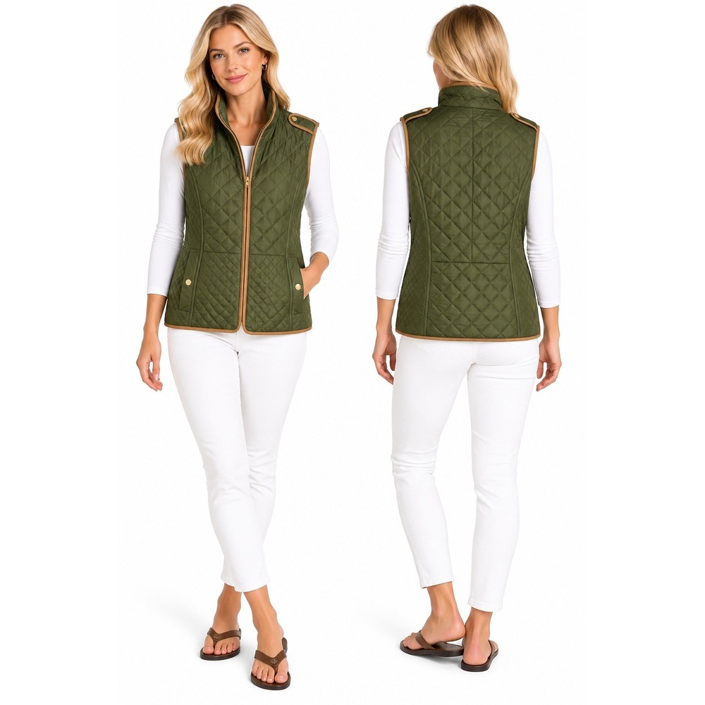 Talbots Vest L Olive Quilted Equestrian Faux Suede Trim Preppy Countryside